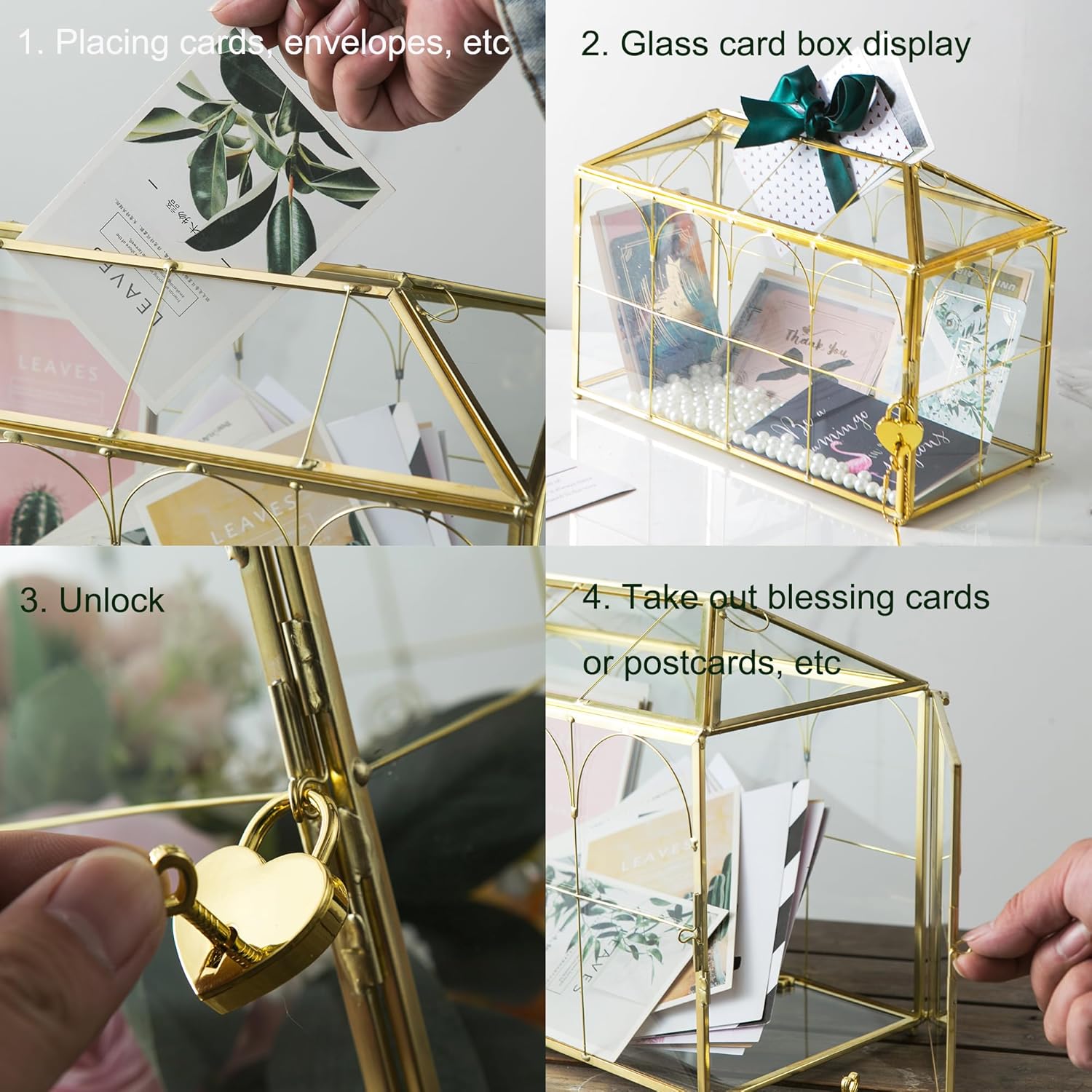 Glass Wedding Card Box with Slot, 12.5'' Large Clear Card Box Gold Brass Gift Card Storage Box with Lock Perfect for Wedding Receptions, Baby Shower, Birthday Party, Bridal Shower
